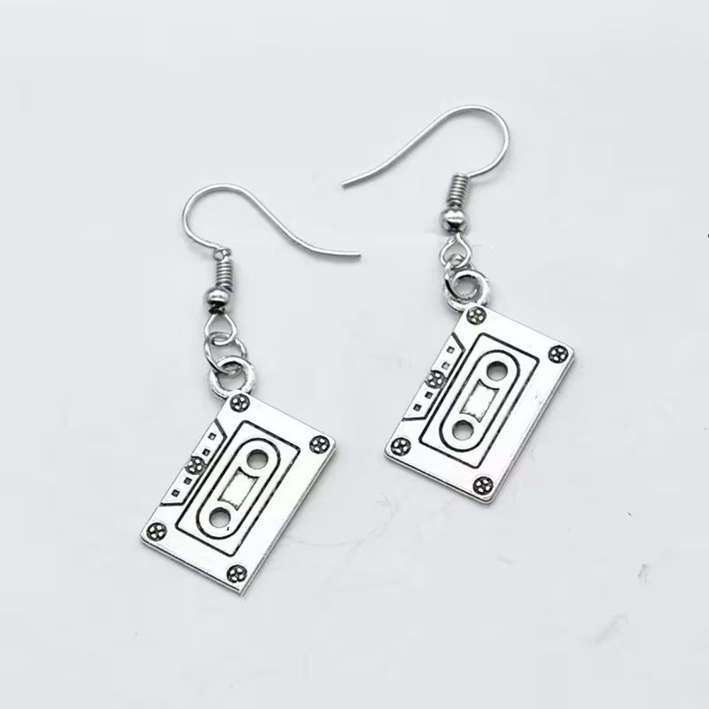 Silver Cassette Tape Earrings Retro 80s 90s Music Mixtape Dangle Jewelry